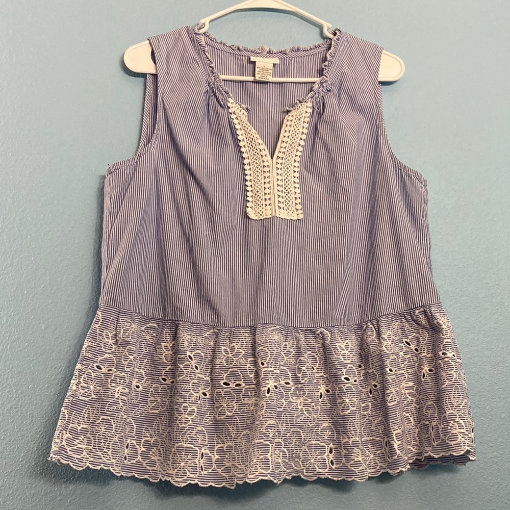 Liz Claiborne Sleeveless Stripe Eyelet VNeck Blouse - Blue/White